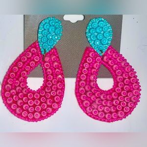 Hot Pink and Turquoise Beaded Dangle Statement Earrings
